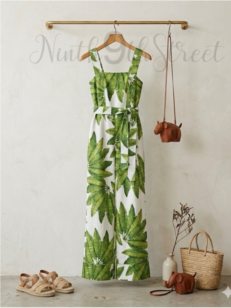 Farm Rio Off White Green Palm Fan Tropical Leaf Linen Jumpsuit Belted Nwt Medium